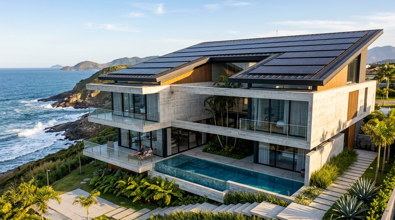Residência moderna de alto padrão no litoral com painéis solares e estrutura de engenharia Laje & Lux